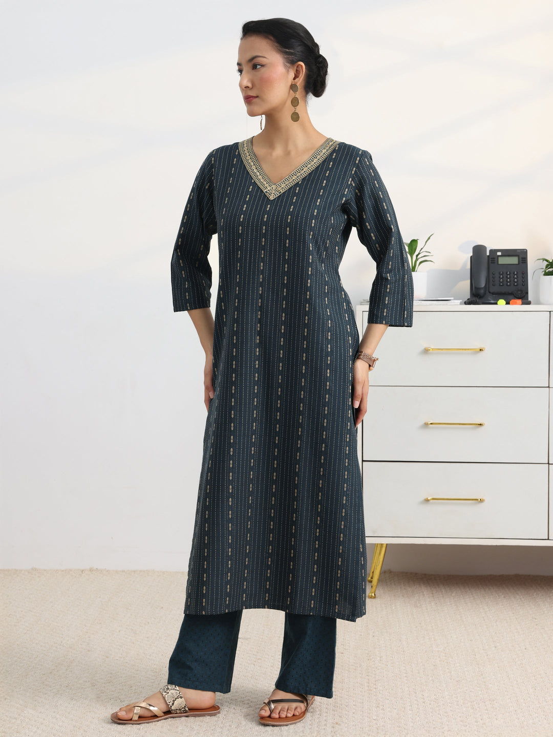 Teal Woven Design Cotton Blend Straight Suit Set With Dupatta