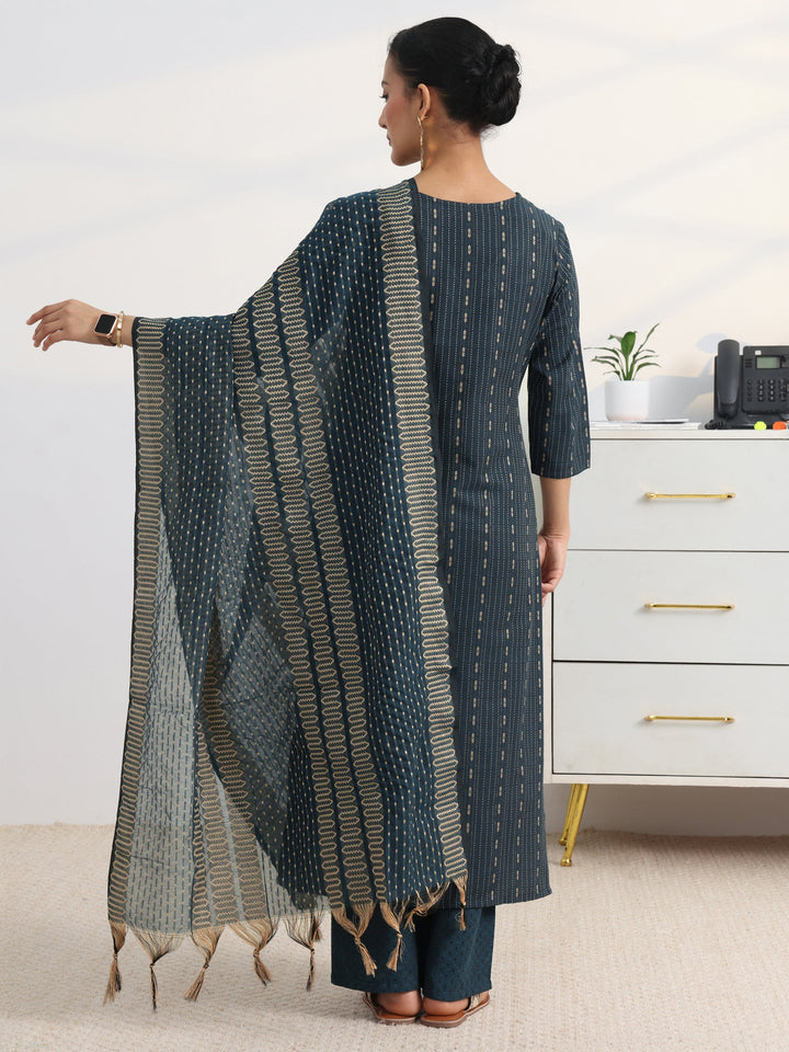 Teal Woven Design Cotton Blend Straight Suit Set With Dupatta