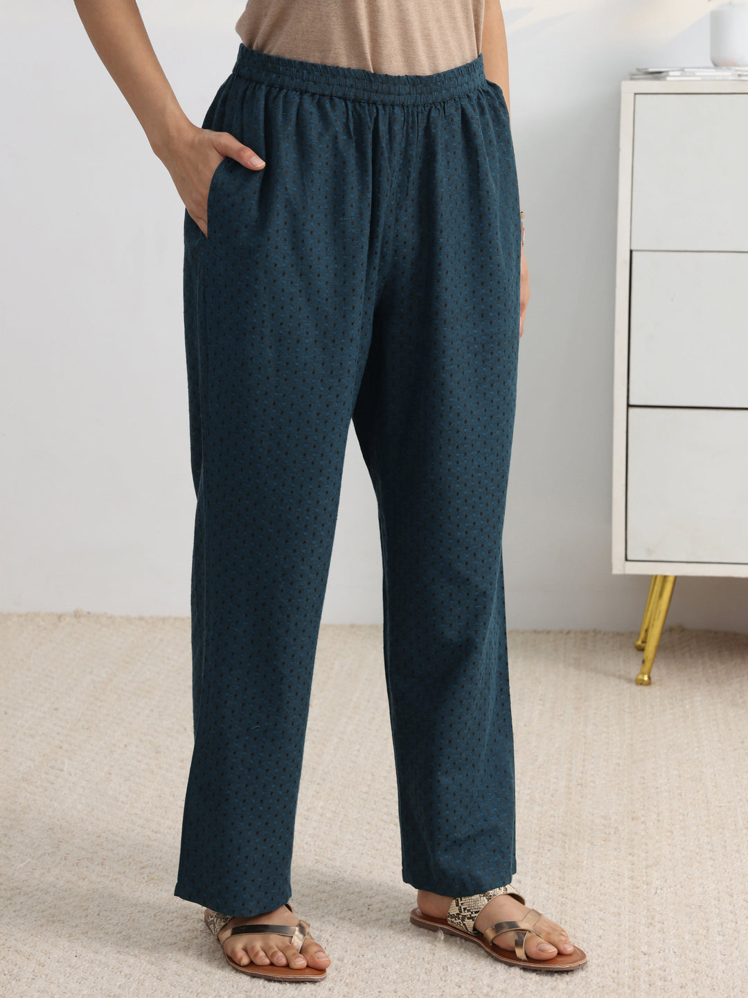 Teal Woven Design Cotton Blend Straight Suit Set With Dupatta