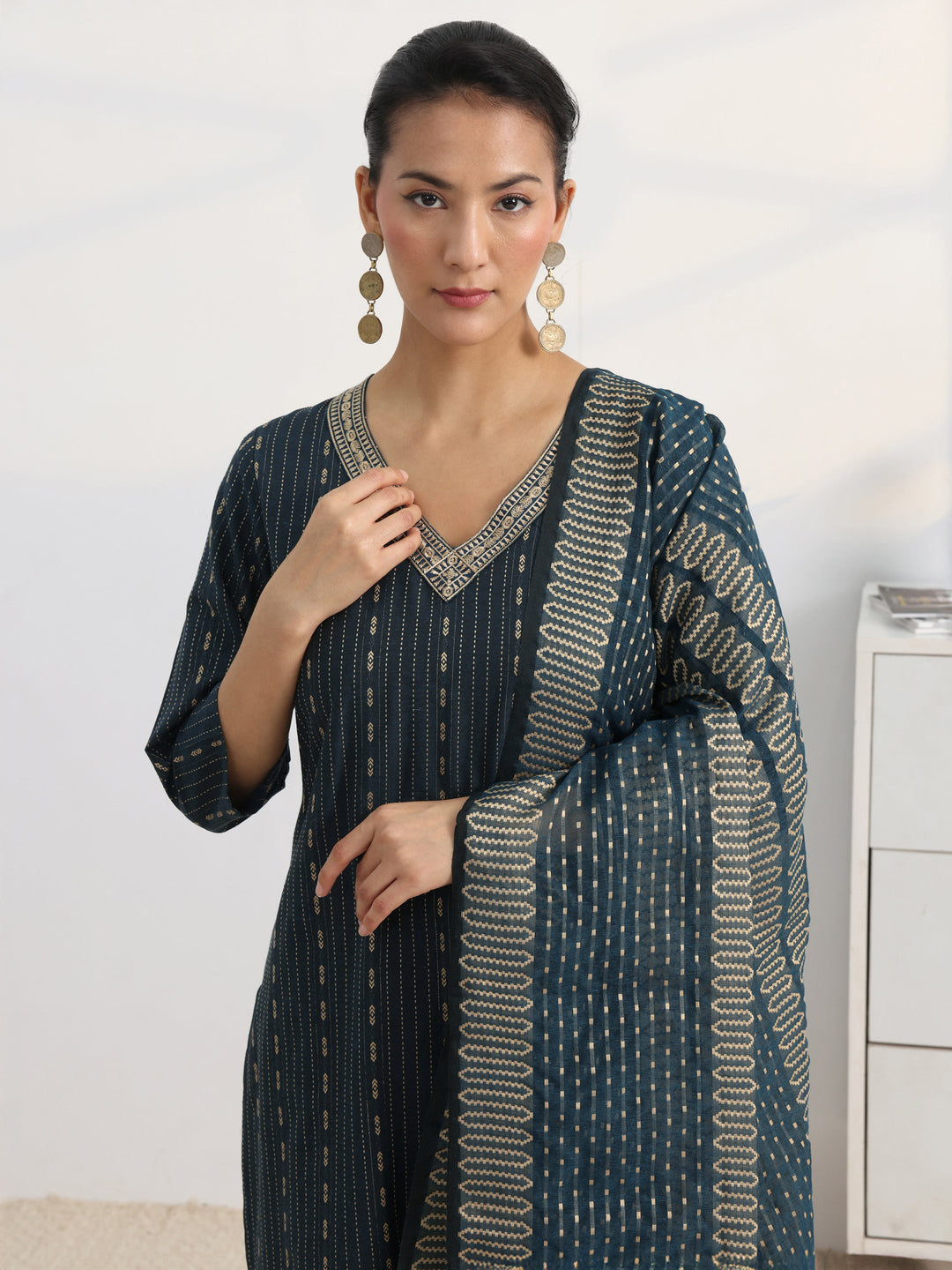 Teal Woven Design Cotton Blend Straight Suit Set With Dupatta