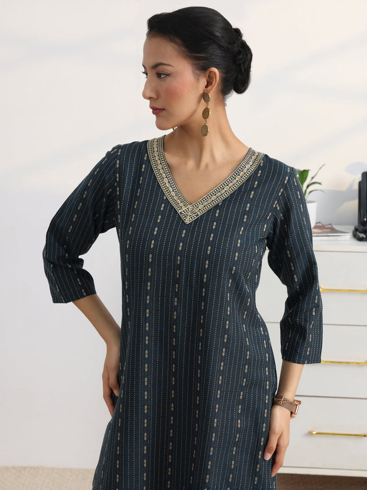 Teal Woven Design Cotton Blend Straight Suit Set With Dupatta