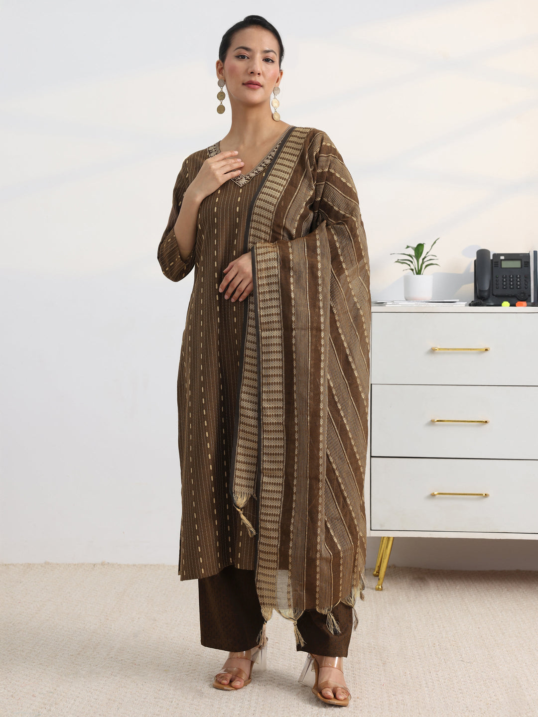 Brown Woven Design Cotton Blend Straight Suit Set With Dupatta