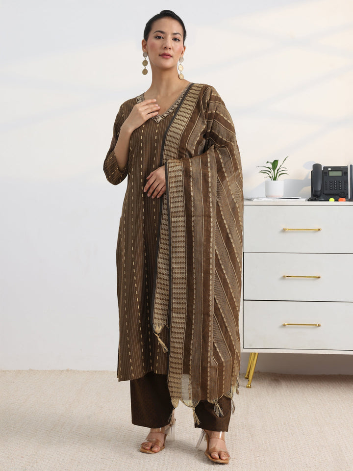 Brown Woven Design Cotton Blend Straight Suit Set With Dupatta