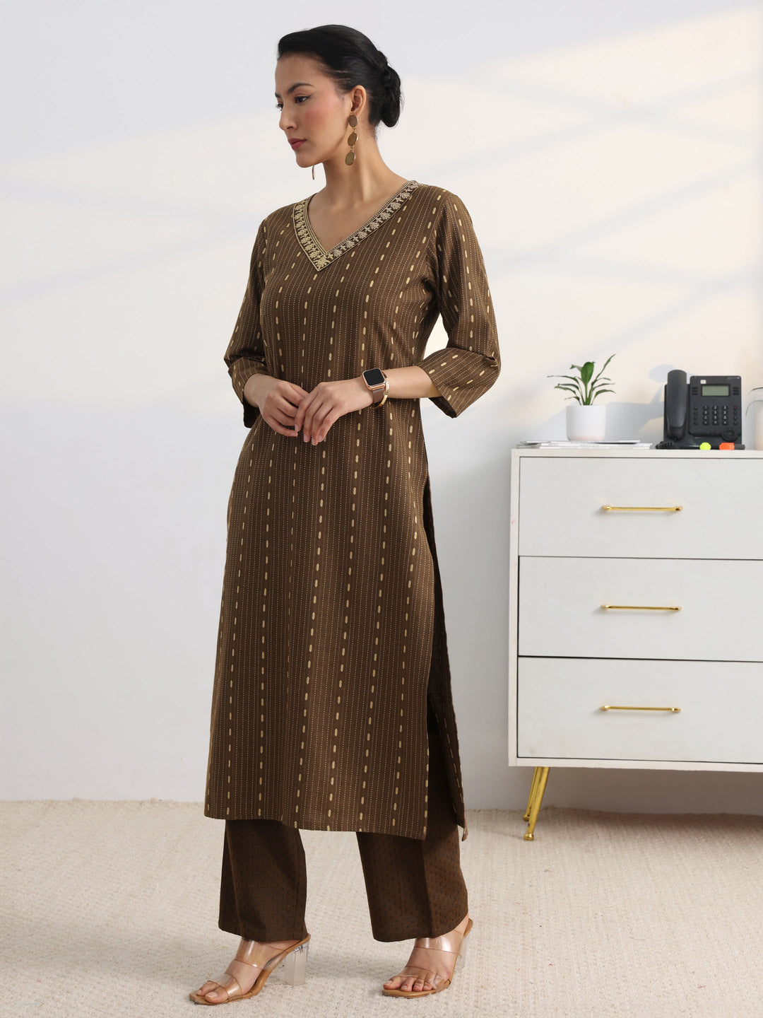 Brown Woven Design Cotton Blend Straight Suit Set With Dupatta
