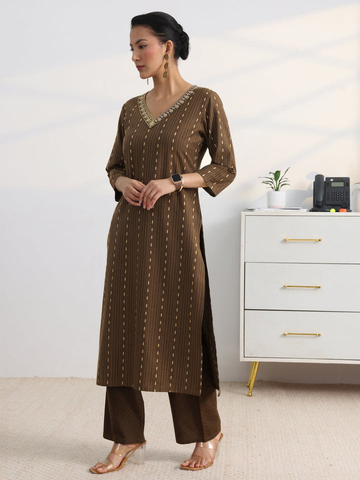 Brown Woven Design Cotton Blend Straight Suit Set With Dupatta