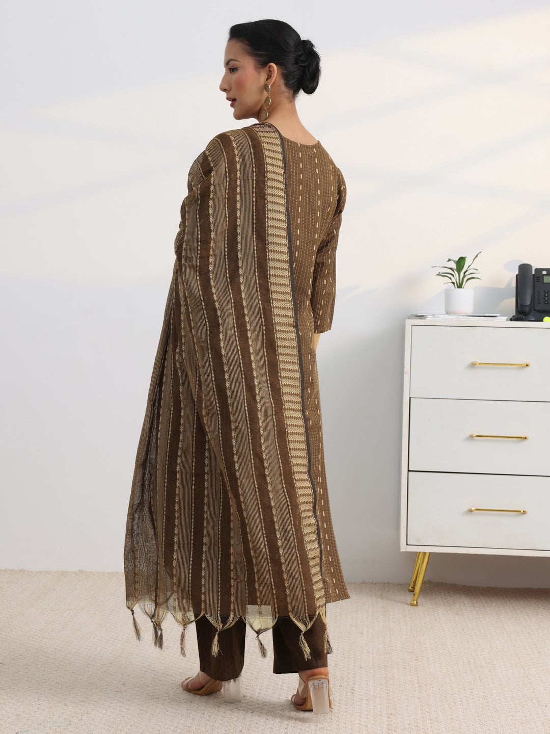Brown Woven Design Cotton Blend Straight Suit Set With Dupatta