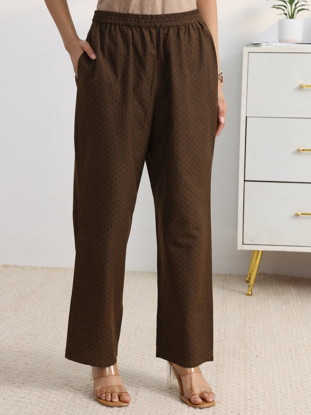 Brown Woven Design Cotton Blend Straight Suit Set With Dupatta
