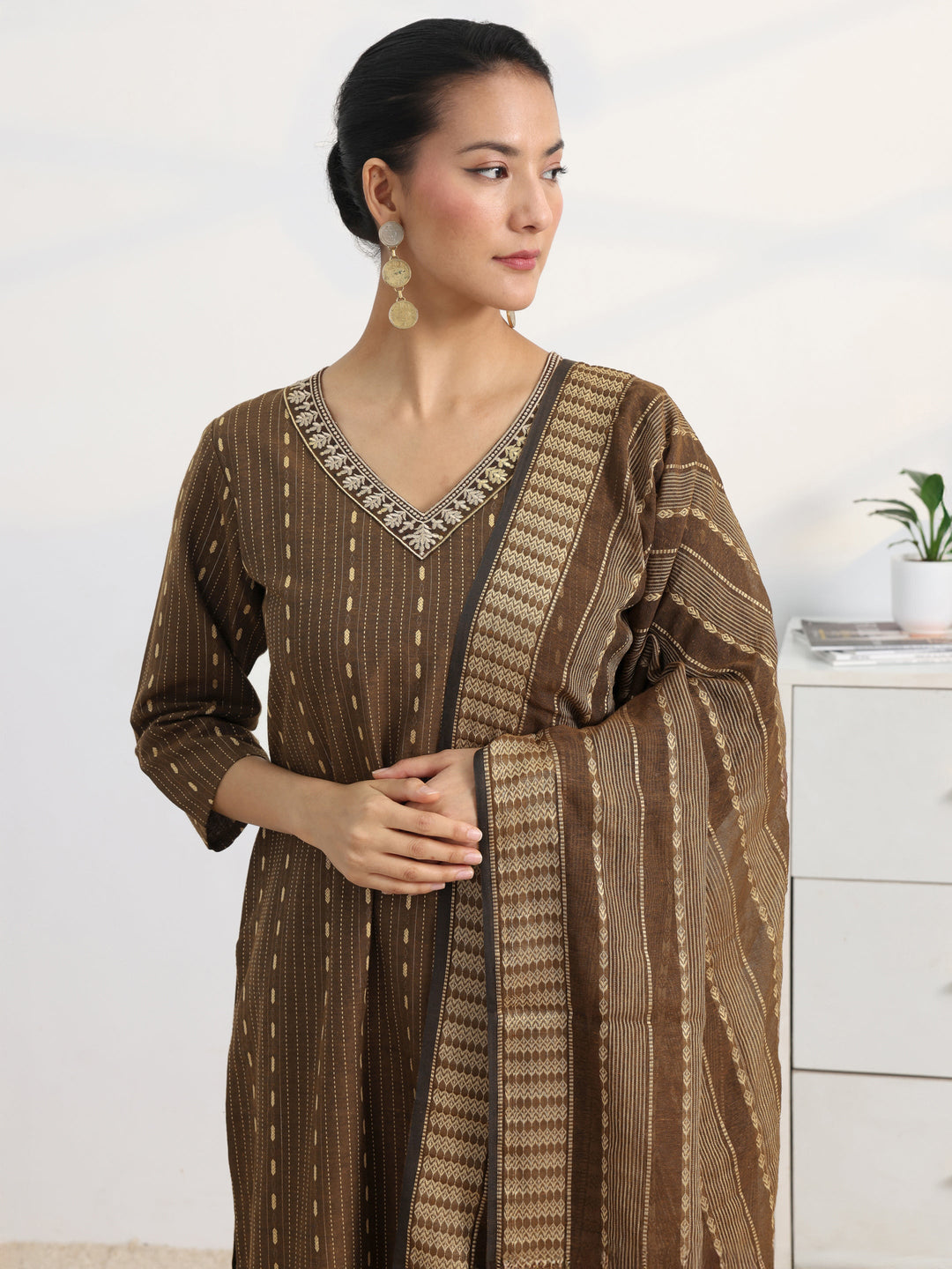 Brown Woven Design Cotton Blend Straight Suit Set With Dupatta