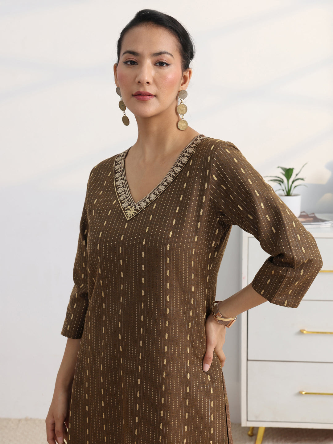 Brown Woven Design Cotton Blend Straight Suit Set With Dupatta