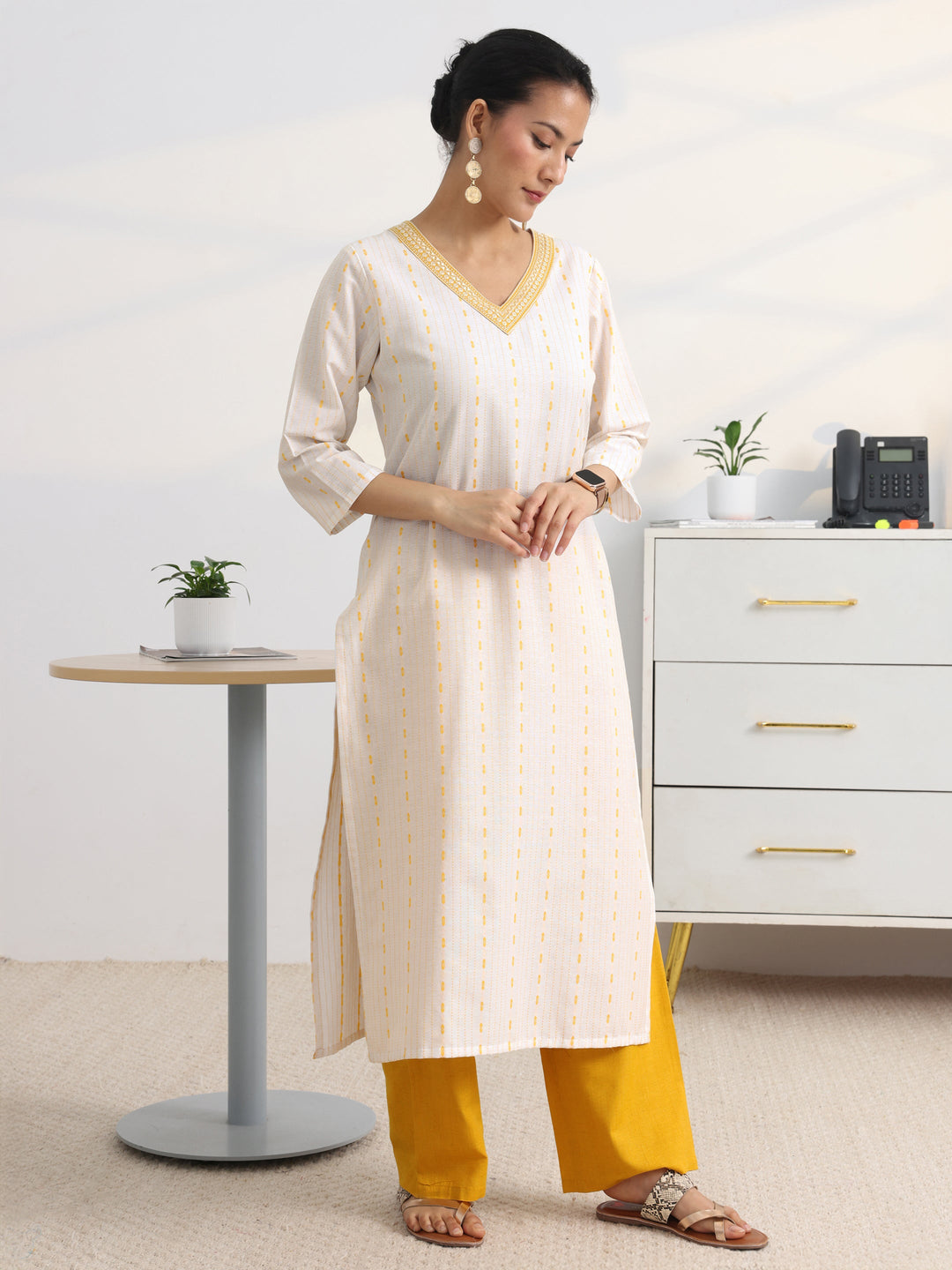 White Striped Woven Design Cotton Blend Straight Suit Set With Dupatta