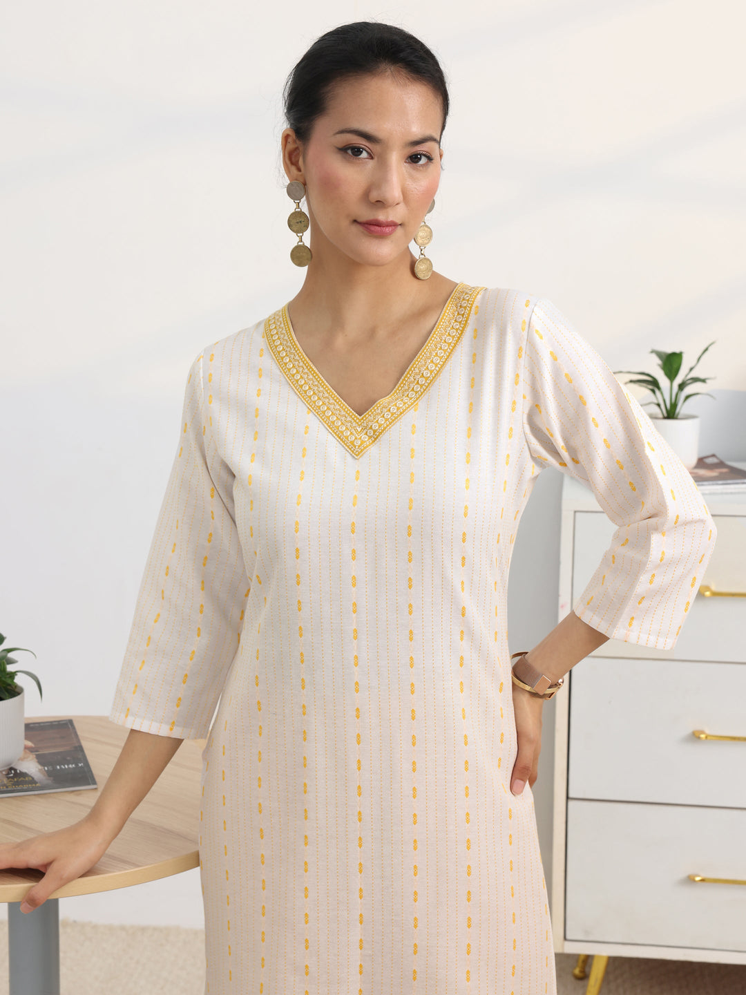 White Striped Woven Design Cotton Blend Straight Suit Set With Dupatta