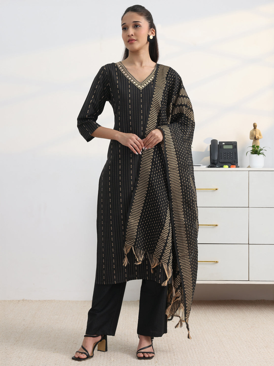 Black Printed Cotton Blend Straight Suit Set With Dupatta