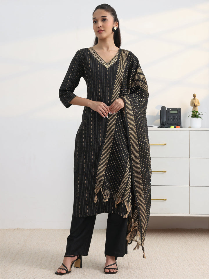 Black Printed Cotton Blend Straight Suit Set With Dupatta