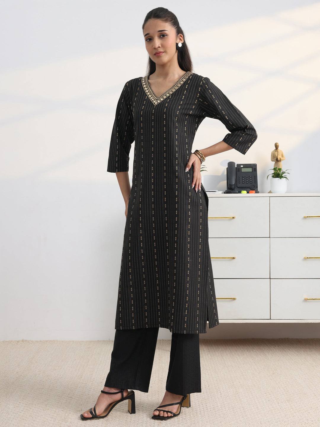 Black Printed Cotton Blend Straight Suit Set With Dupatta