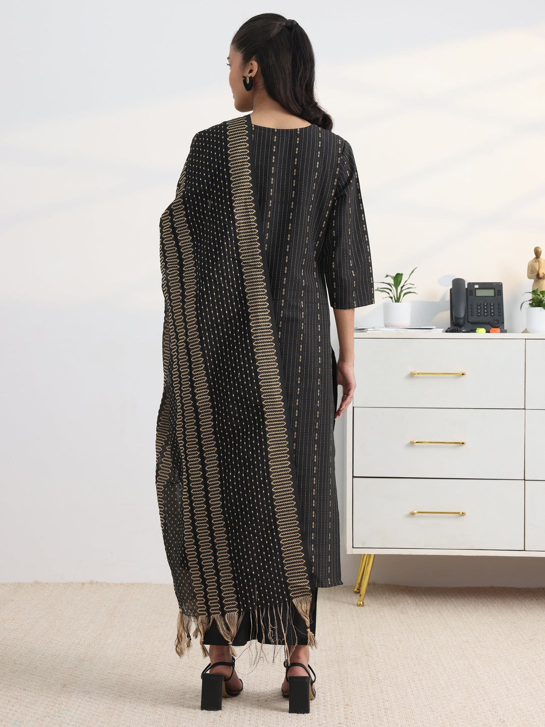 Black Printed Cotton Blend Straight Suit Set With Dupatta