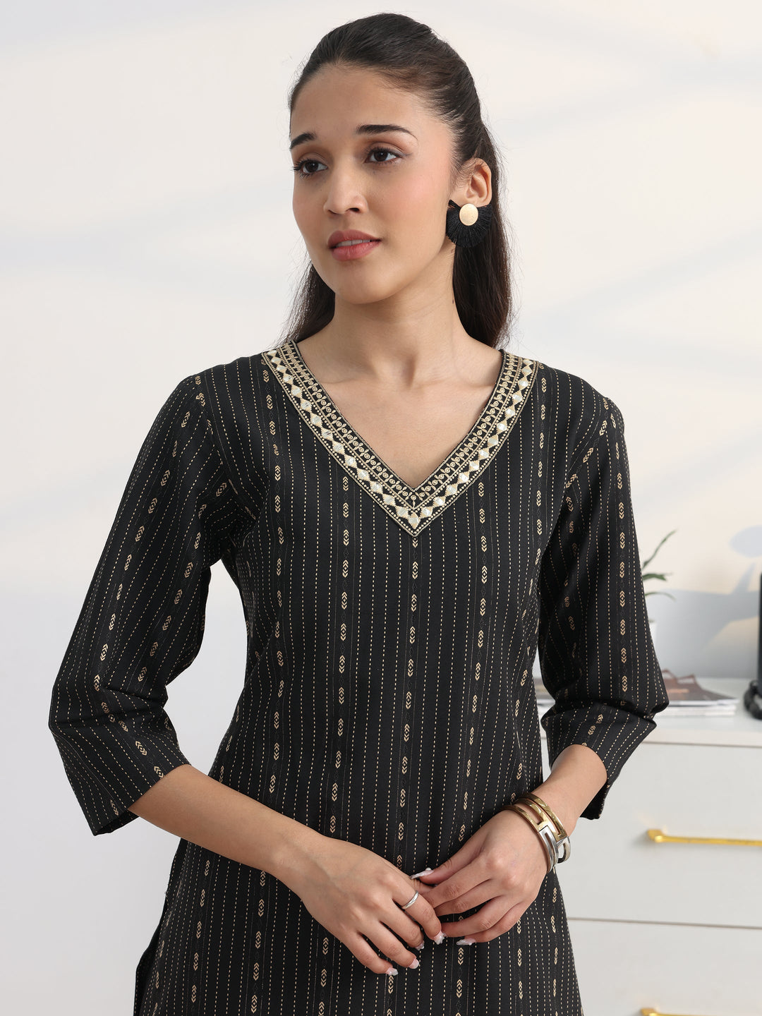 Black Printed Cotton Blend Straight Suit Set With Dupatta