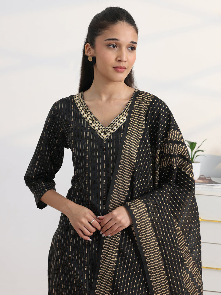 Black Printed Cotton Blend Straight Suit Set With Dupatta