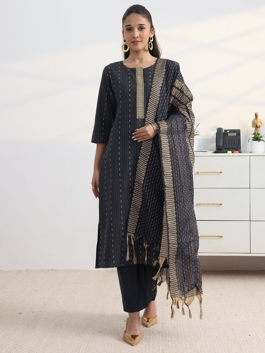 Navy Blue Woven Design Cotton Blend Straight Suit Set With Dupatta