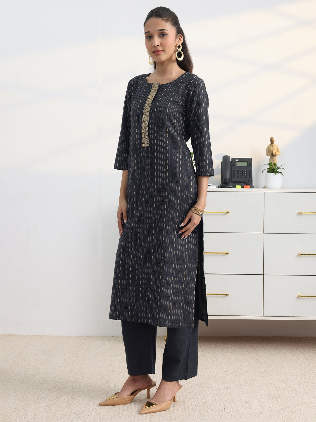 Navy Blue Woven Design Cotton Blend Straight Suit Set With Dupatta