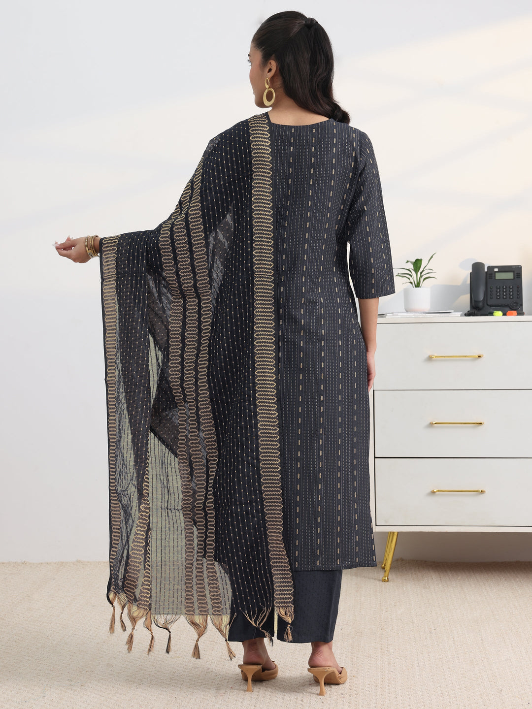 Navy Blue Woven Design Cotton Blend Straight Suit Set With Dupatta