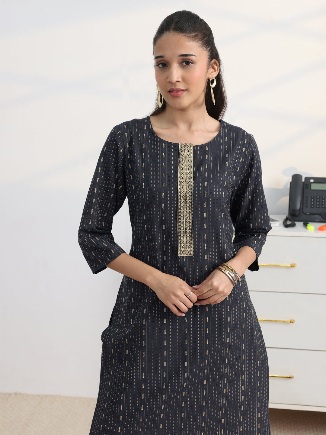 Navy Blue Woven Design Cotton Blend Straight Suit Set With Dupatta