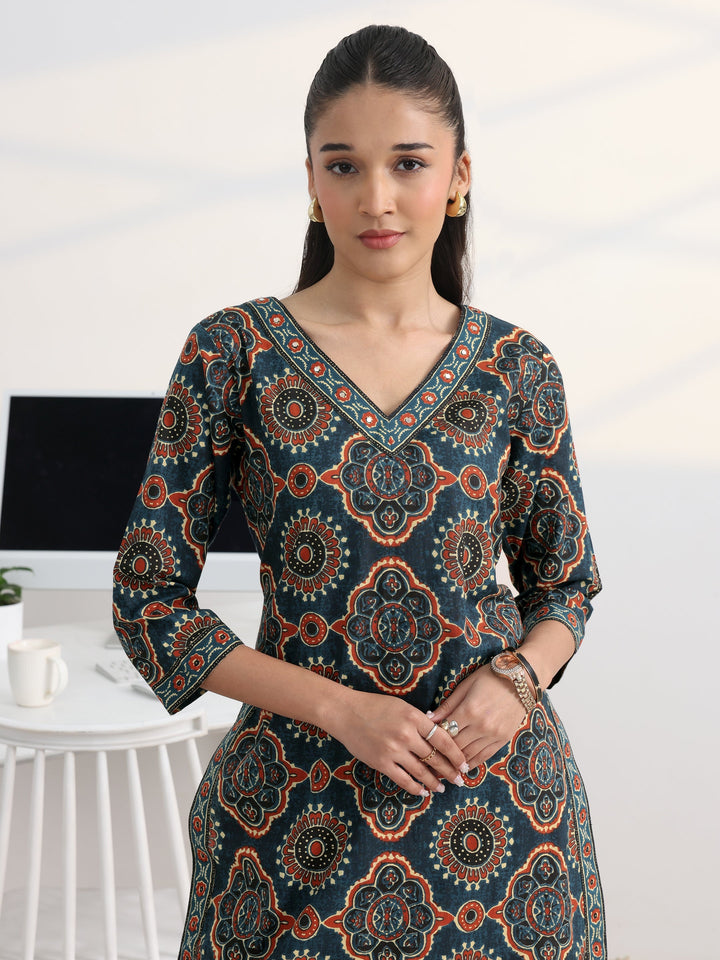 Blue Printed Cotton Blend Straight Kurta Set