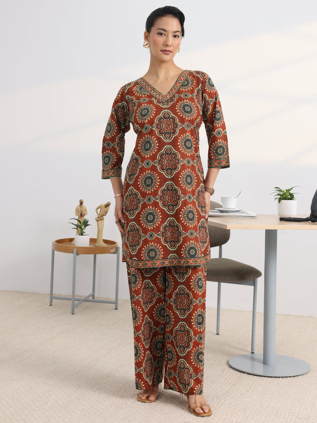 Rust Printed Cotton Blend Straight Kurta Set