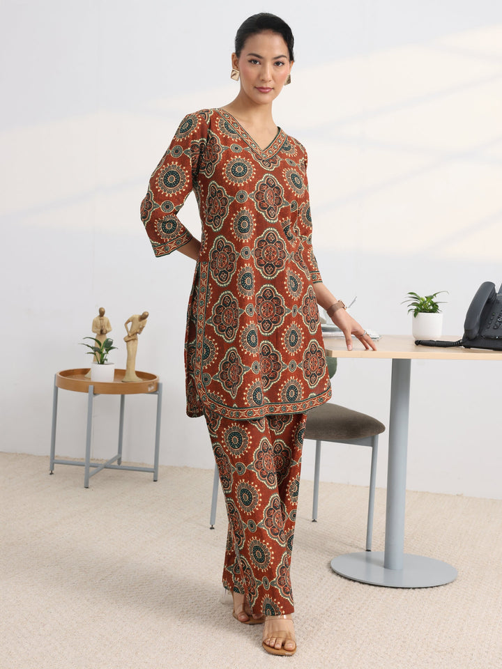 Rust Printed Cotton Blend Straight Kurta Set