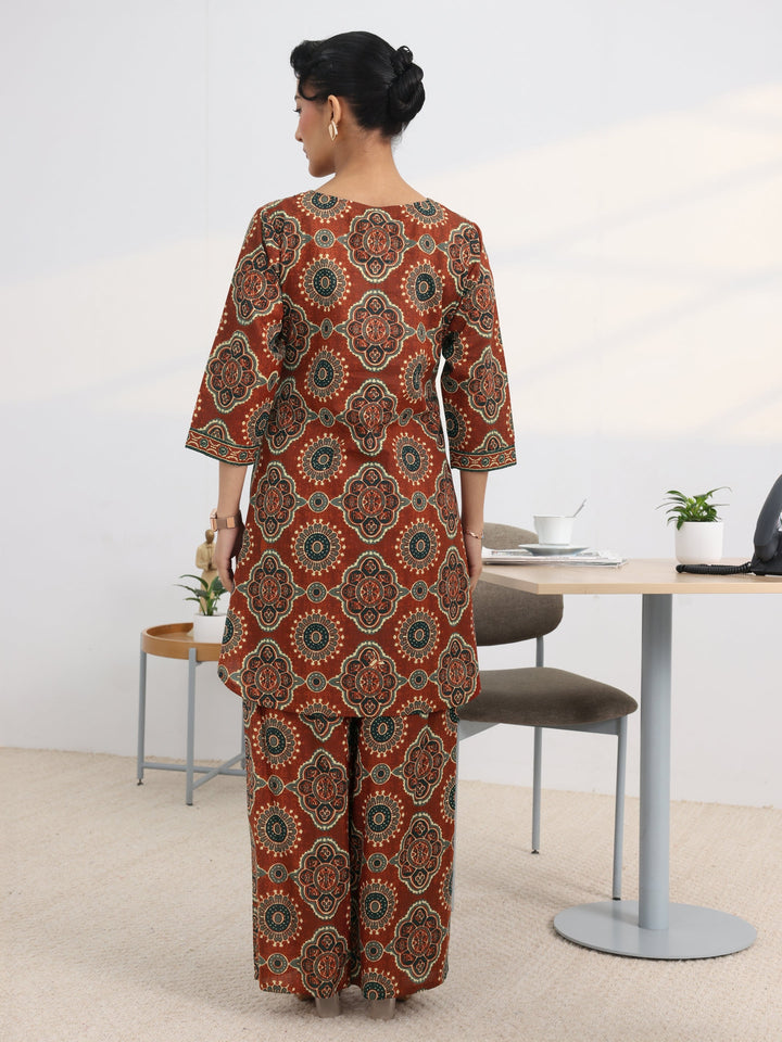 Rust Printed Cotton Blend Straight Kurta Set