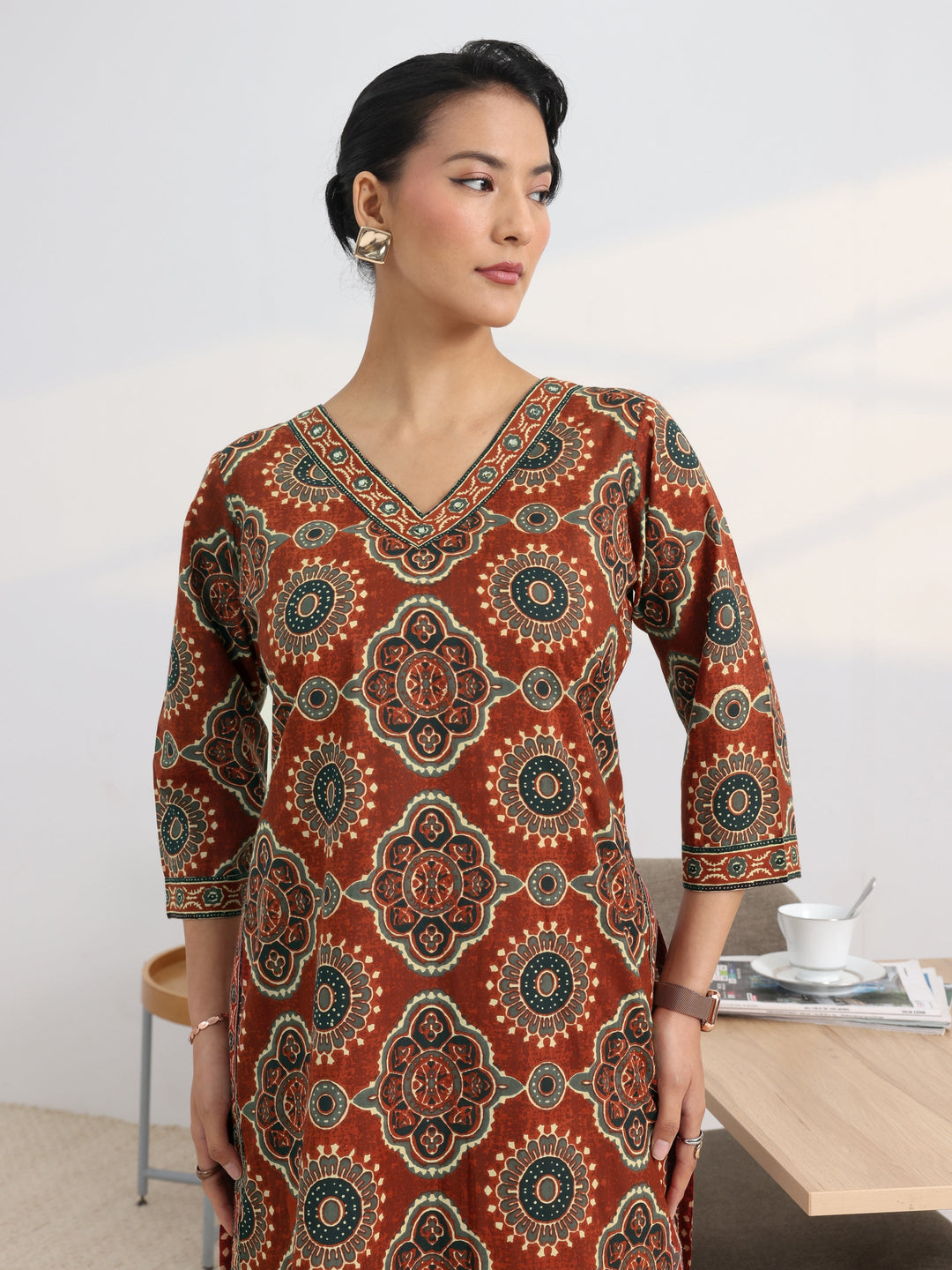 Rust Printed Cotton Blend Straight Kurta Set
