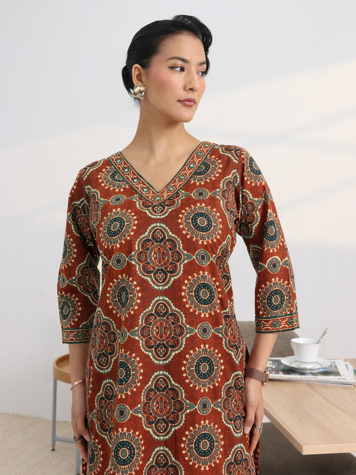 Rust Printed Cotton Blend Straight Kurta Set
