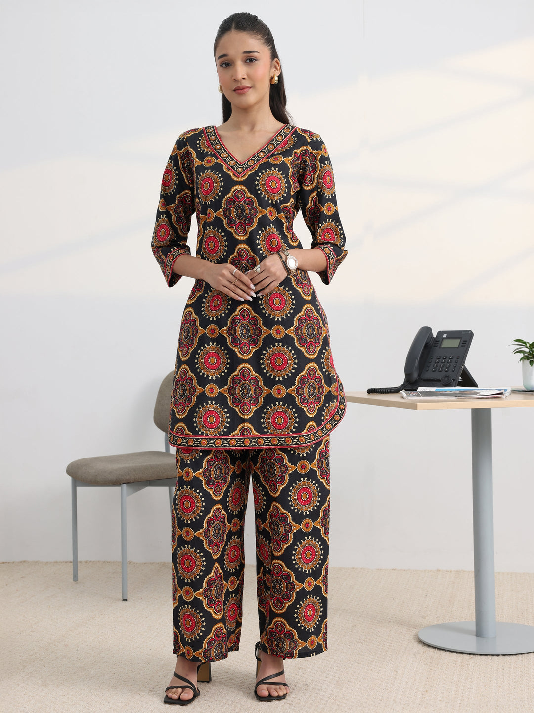 Black Printed Cotton Blend Straight Kurta Set