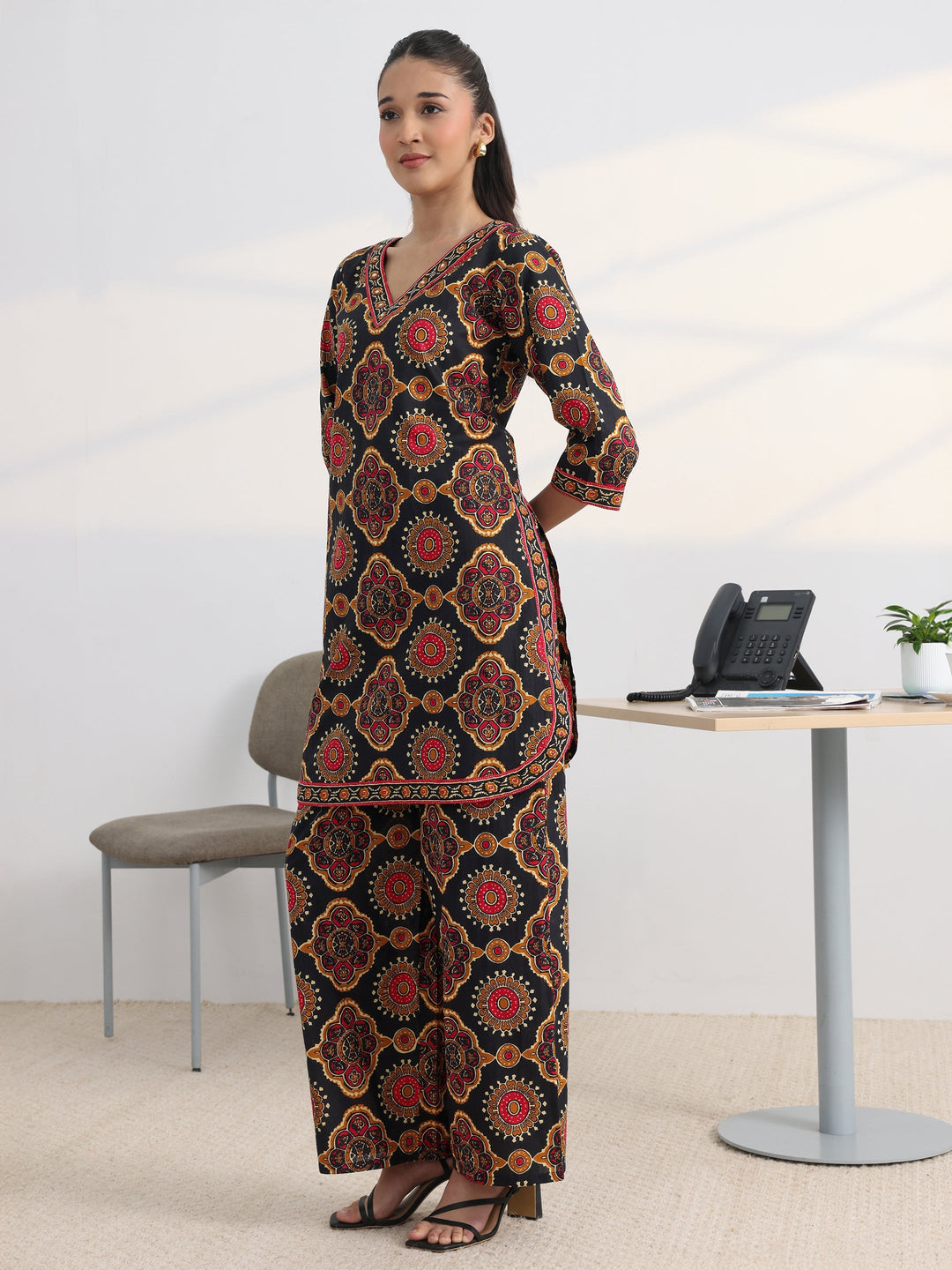 Black Printed Cotton Blend Straight Kurta Set