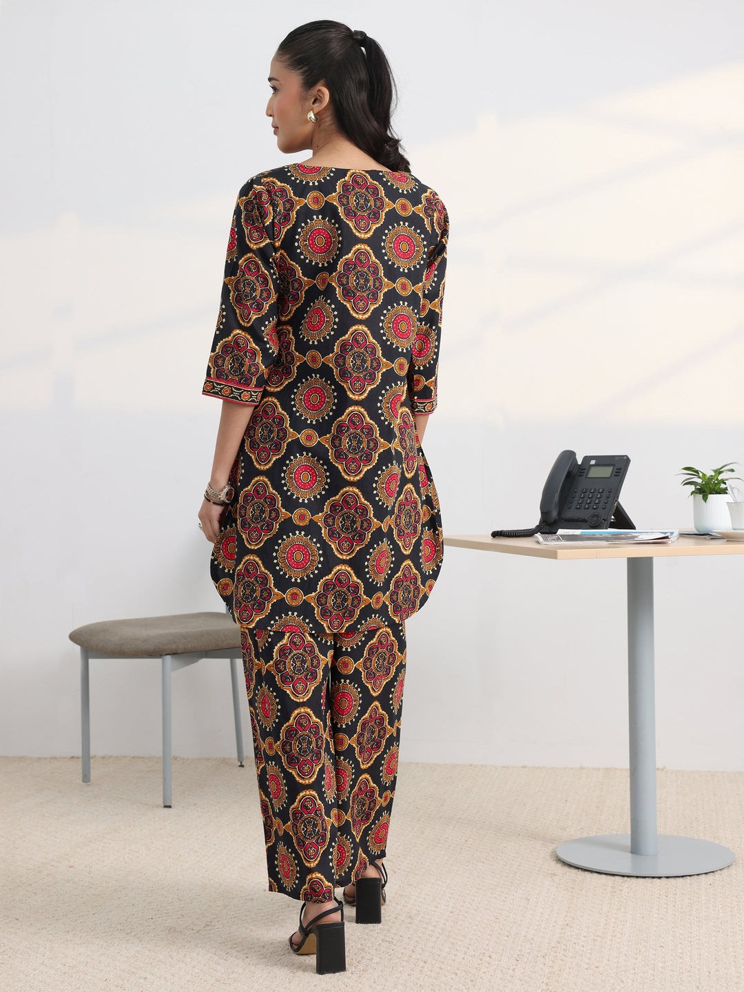 Black Printed Cotton Blend Straight Kurta Set