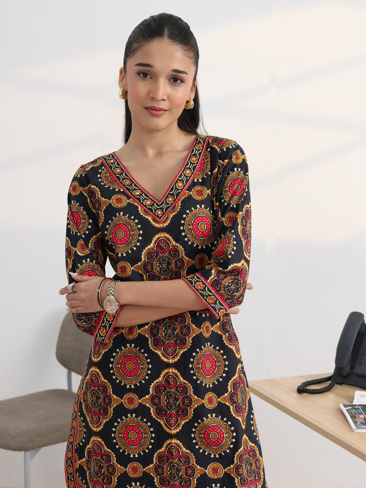 Black Printed Cotton Blend Straight Kurta Set