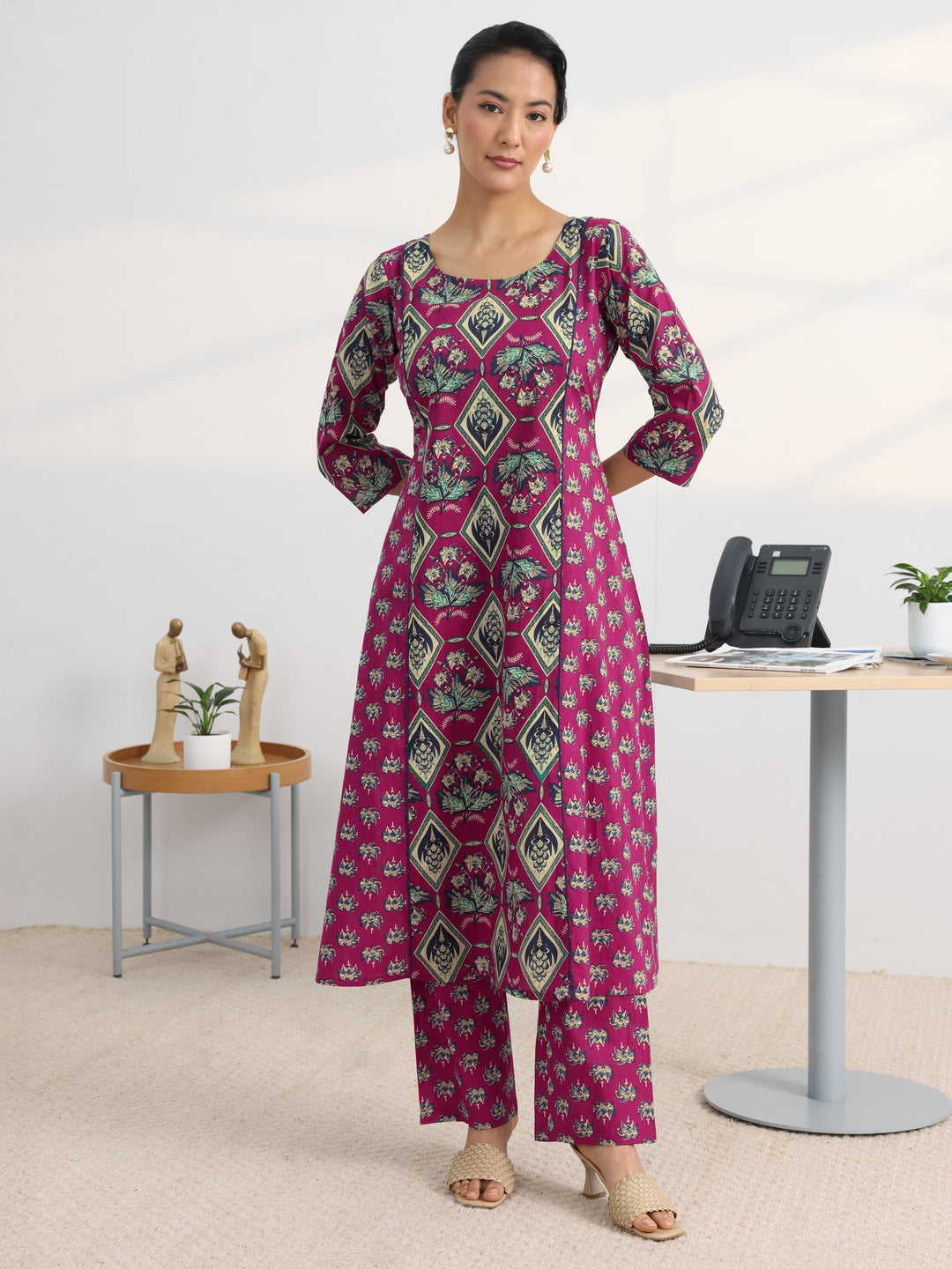 Pink Floral Printed Cotton Blend A-Line Kurta Set