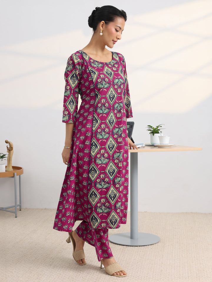 Pink Floral Printed Cotton Blend A-Line Kurta Set