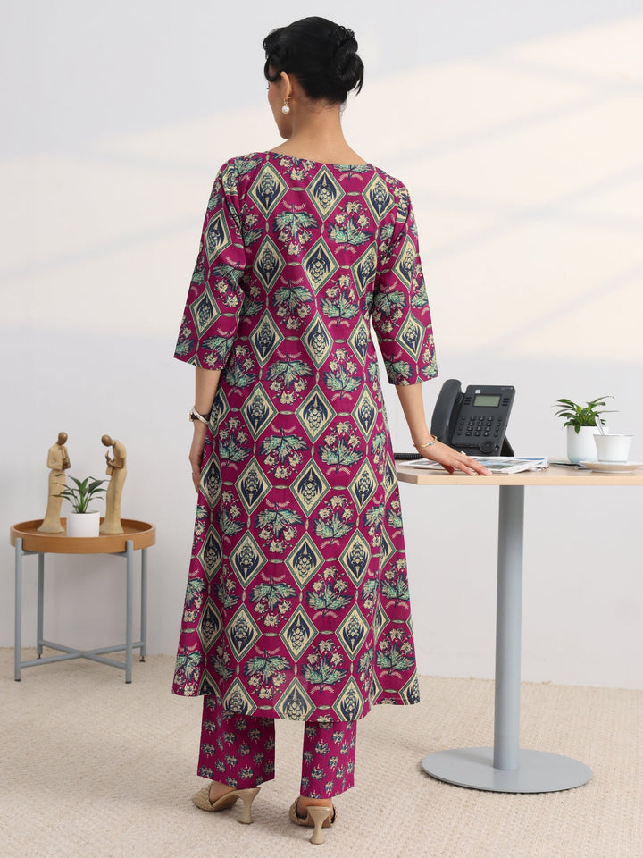 Pink Floral Printed Cotton Blend A-Line Kurta Set