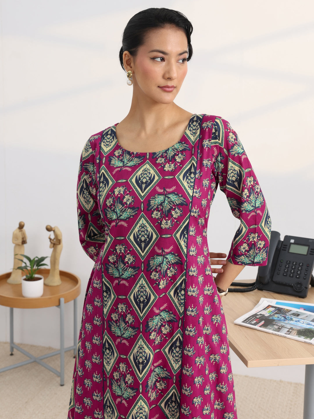 Pink Floral Printed Cotton Blend A-Line Kurta Set