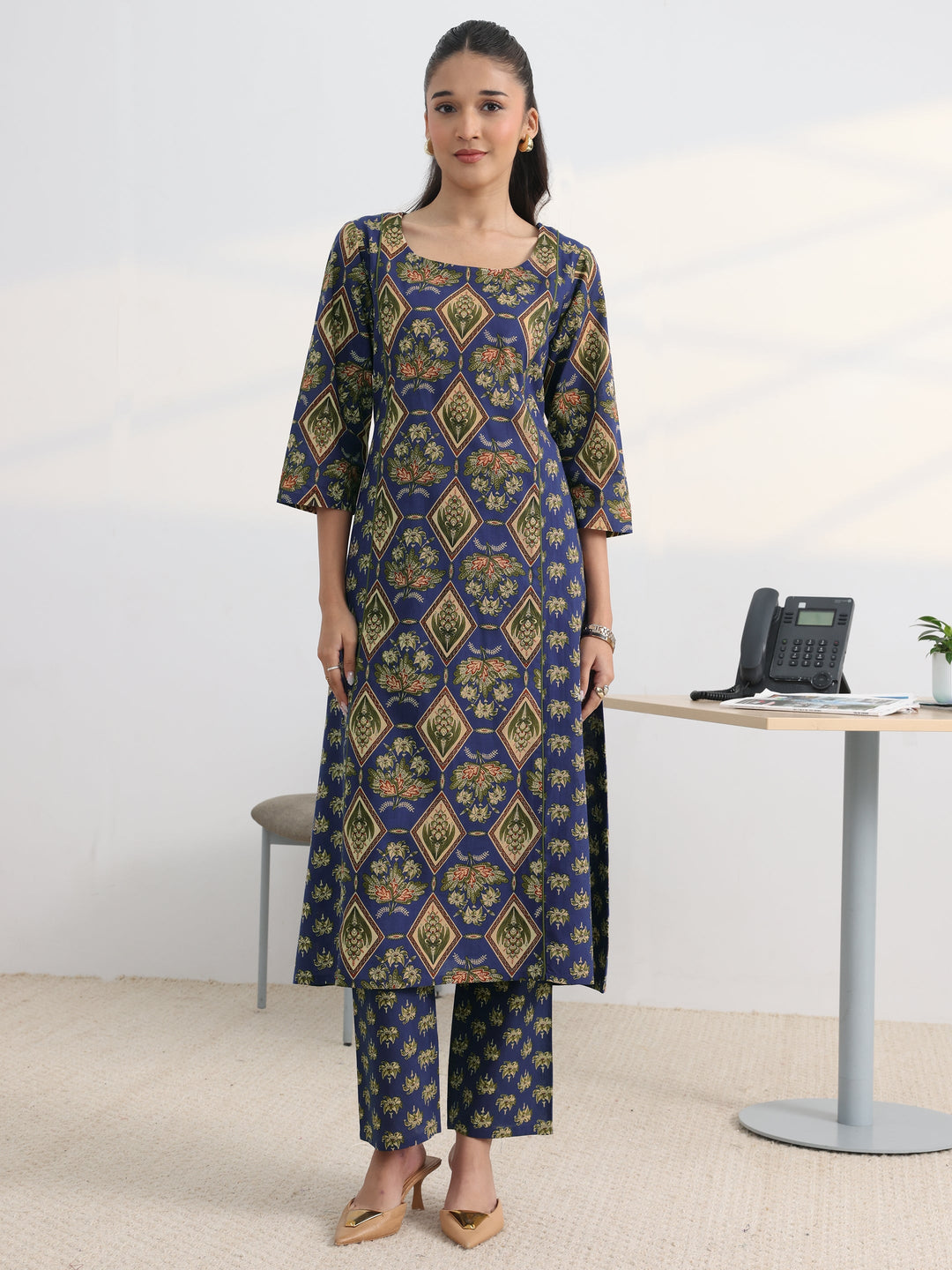 Blue Floral Printed Cotton Blend A-Line Kurta Set
