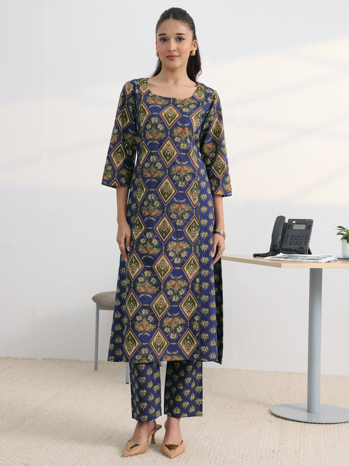Blue Floral Printed Cotton Blend A-Line Kurta Set