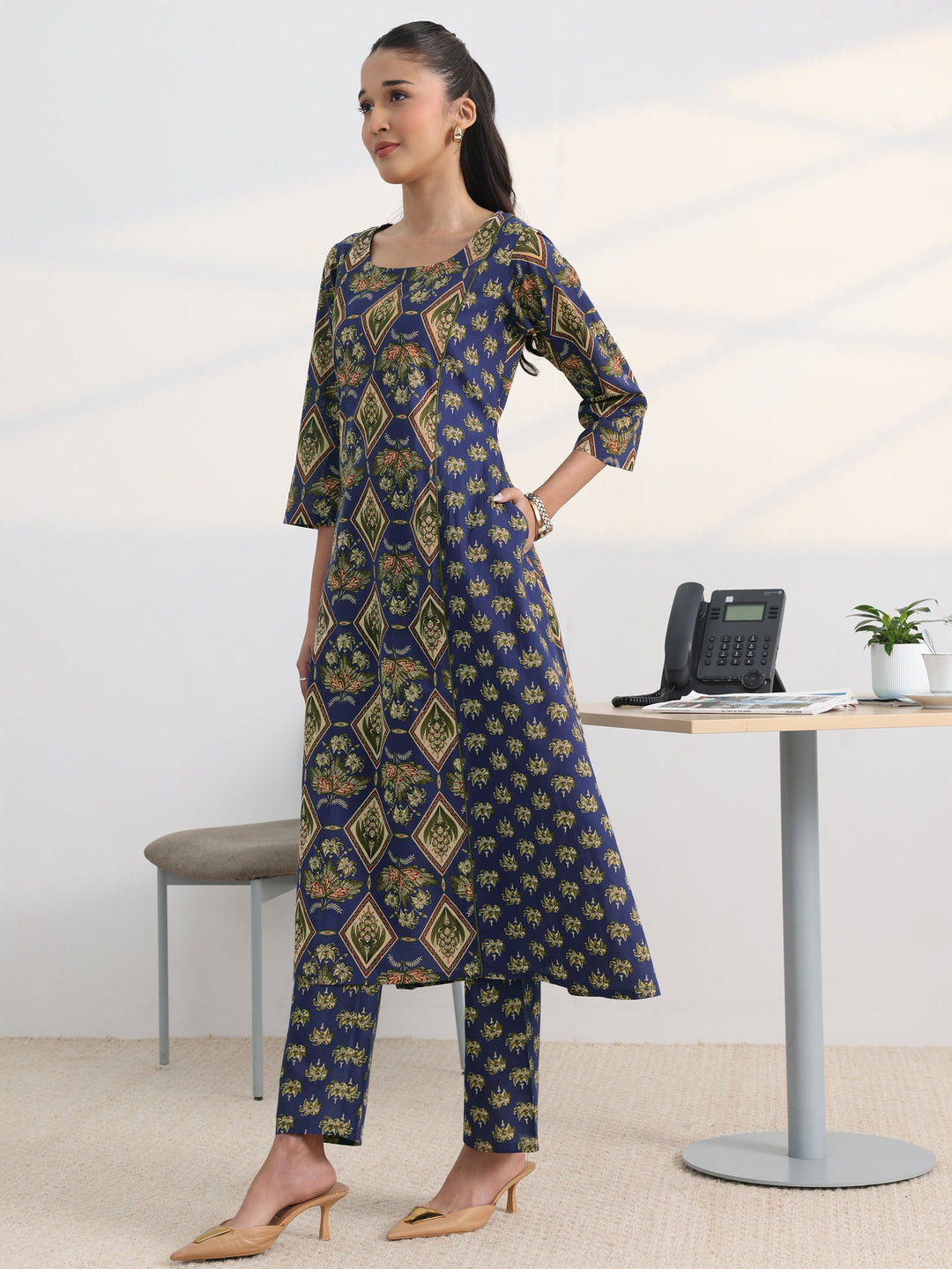 Blue Floral Printed Cotton Blend A-Line Kurta Set