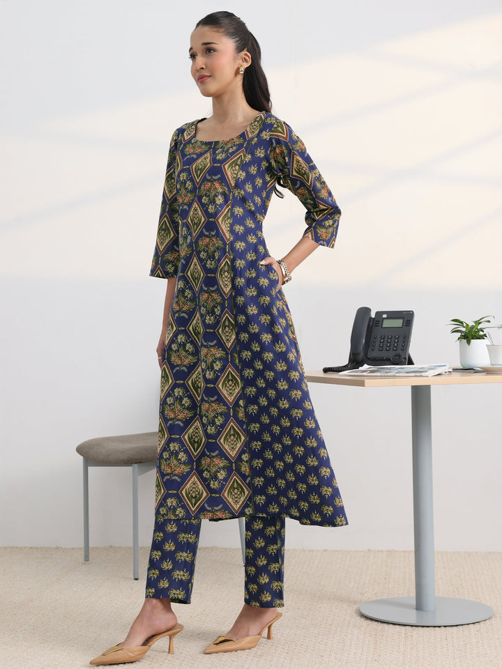 Blue Floral Printed Cotton Blend A-Line Kurta Set