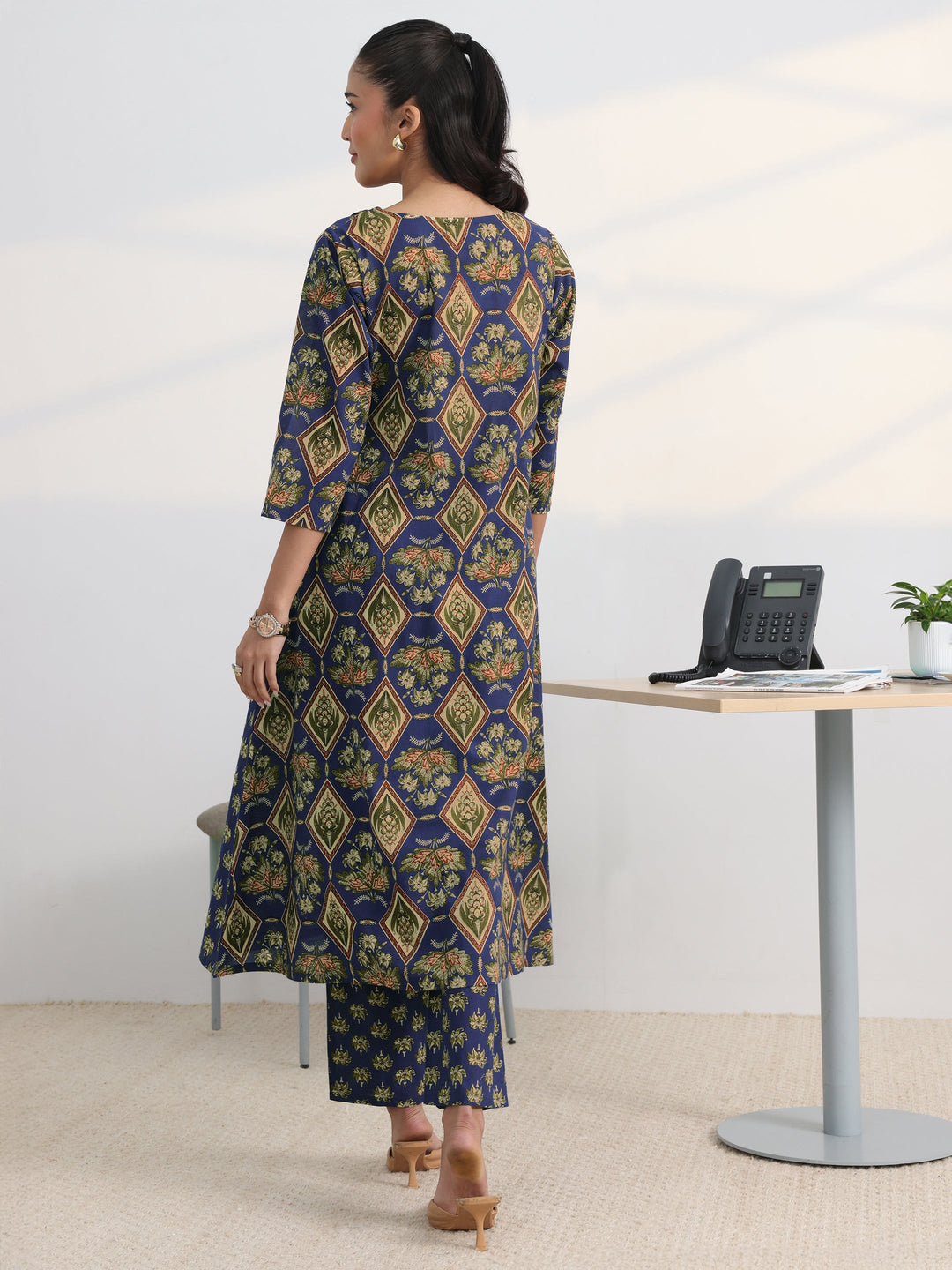 Blue Floral Printed Cotton Blend A-Line Kurta Set