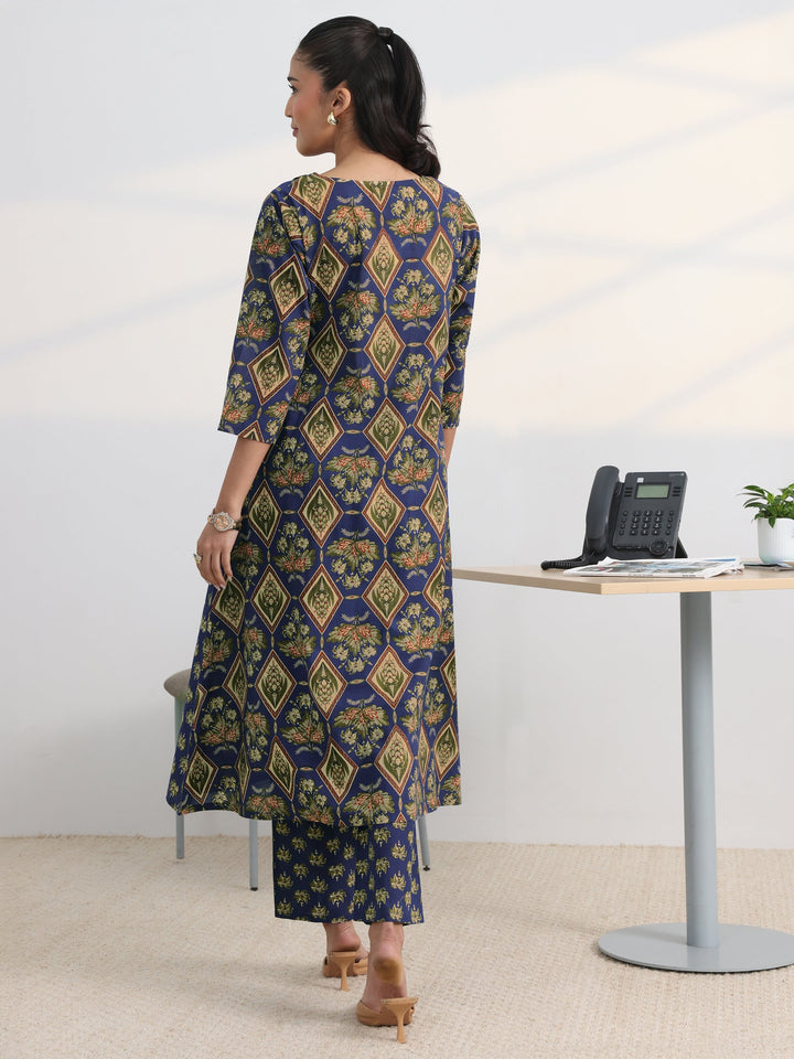 Blue Floral Printed Cotton Blend A-Line Kurta Set