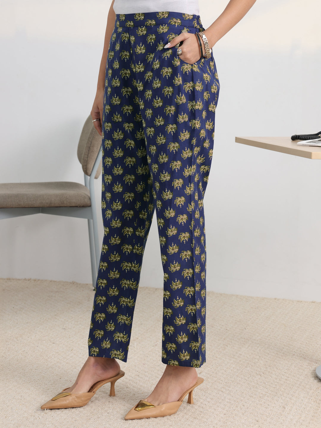 Blue Floral Printed Cotton Blend A-Line Kurta Set