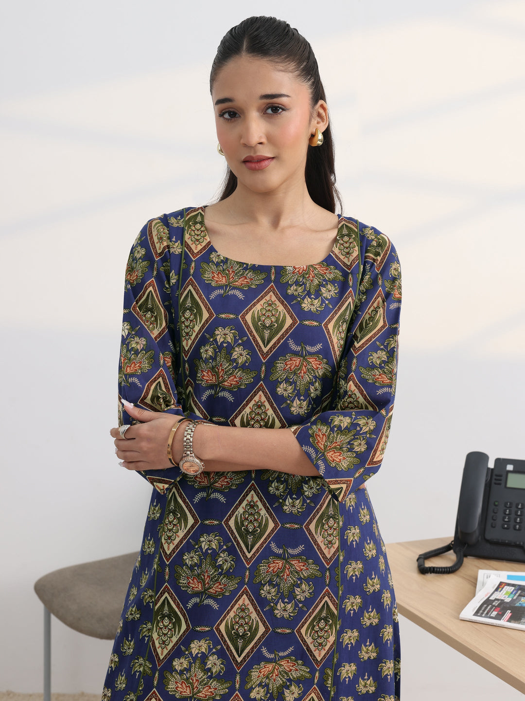 Blue Floral Printed Cotton Blend A-Line Kurta Set