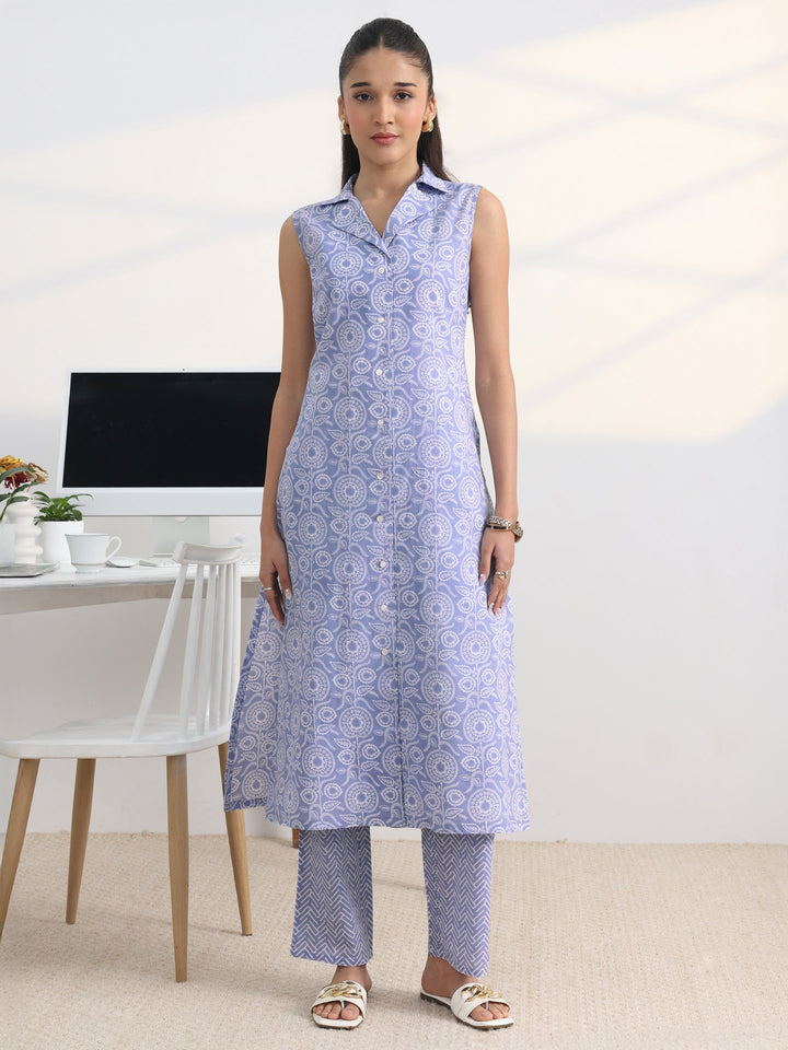 Blue Floral Printed Cotton Blend A-Line Kurta Set