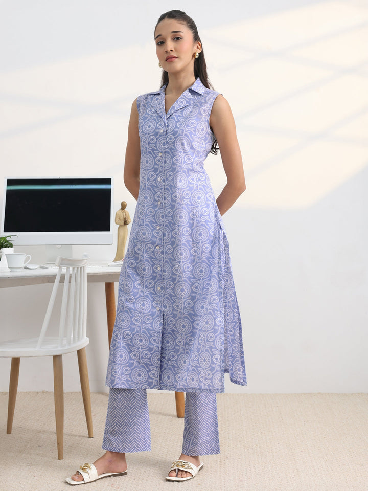 Blue Floral Printed Cotton Blend A-Line Kurta Set