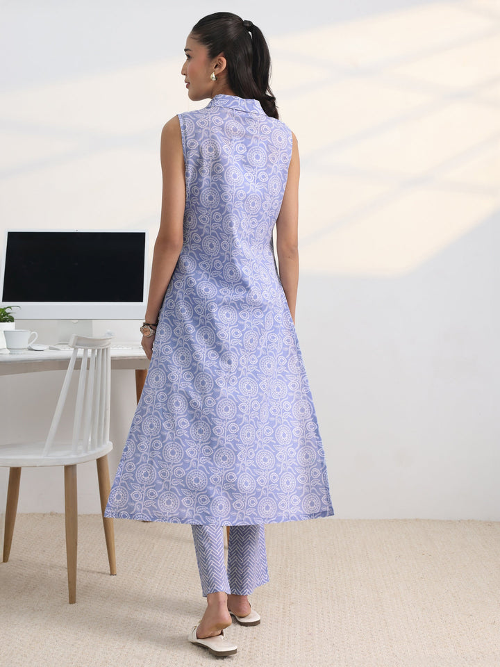 Blue Floral Printed Cotton Blend A-Line Kurta Set